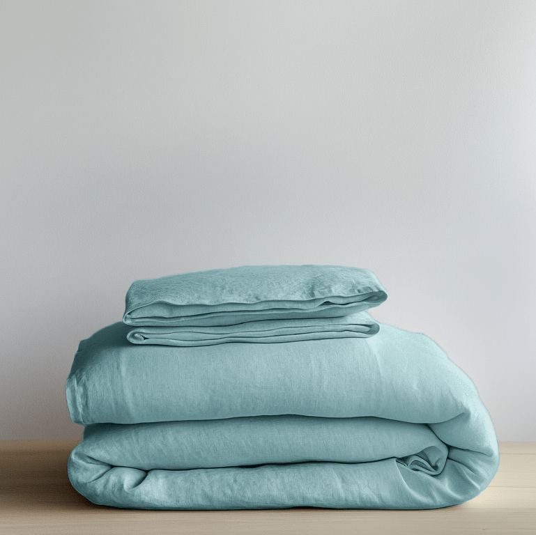 Aquamarine Blue Linen Duvet Cover Set - Folded