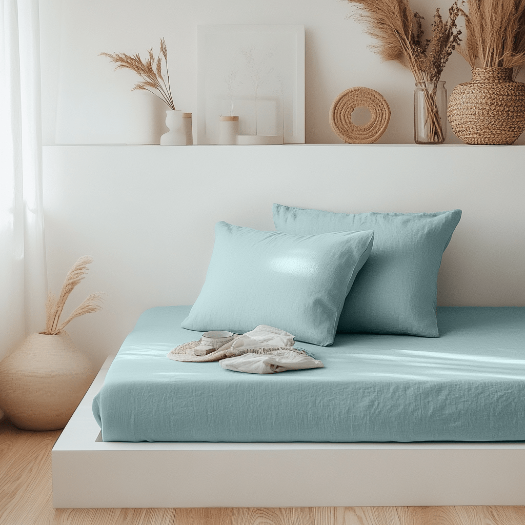 Aquamarine Blue Linen Fitted Sheet