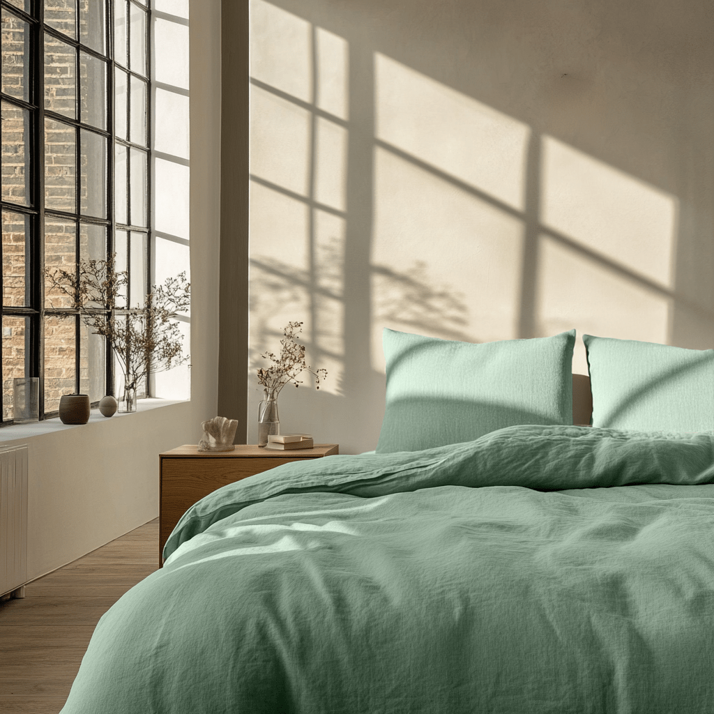 Asparagus Green Linen Duvet 
Cover Set in Loft Appartment