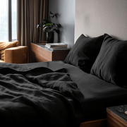 Black Washed Linen Deep Pocket Fitted Sheet Set
