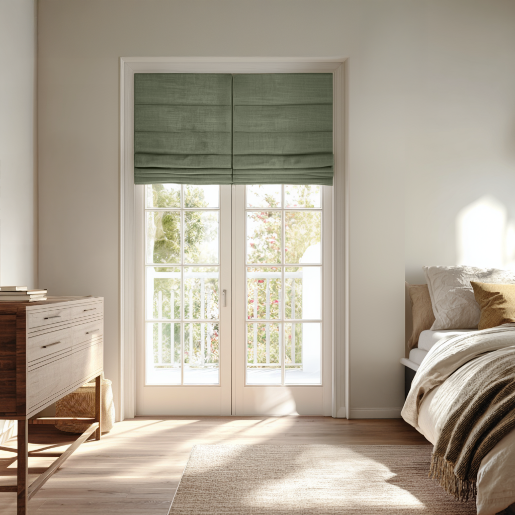 Sage Green Blackout Roman Shades for French Doors