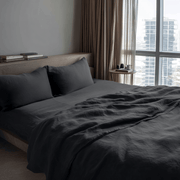 Charcoal Dark Grey Washed Linen Deep Pocket Fitted Sheet Set