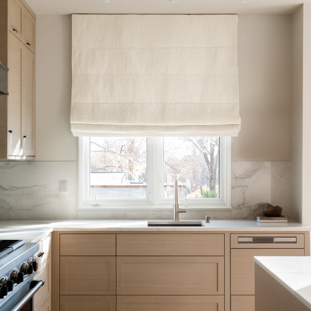 Cream Blackout Roman Shades for Kitchen Windows