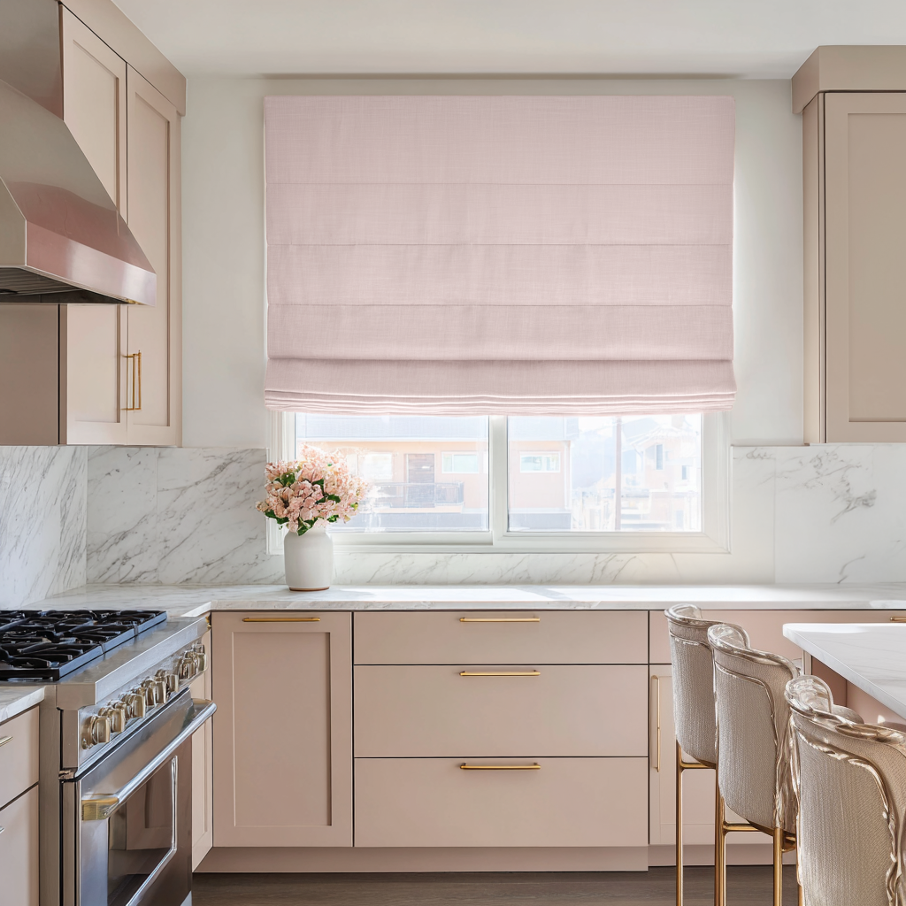 Dusty Pink Blackout Roman Shades for Kitchen Windows