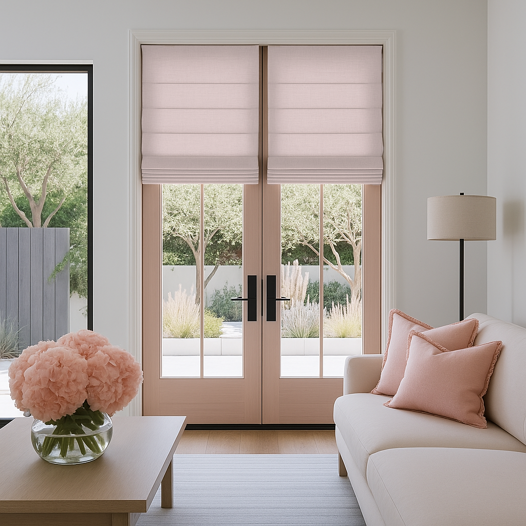 Dusty Pink White Blackout Roman Shades for French Doors