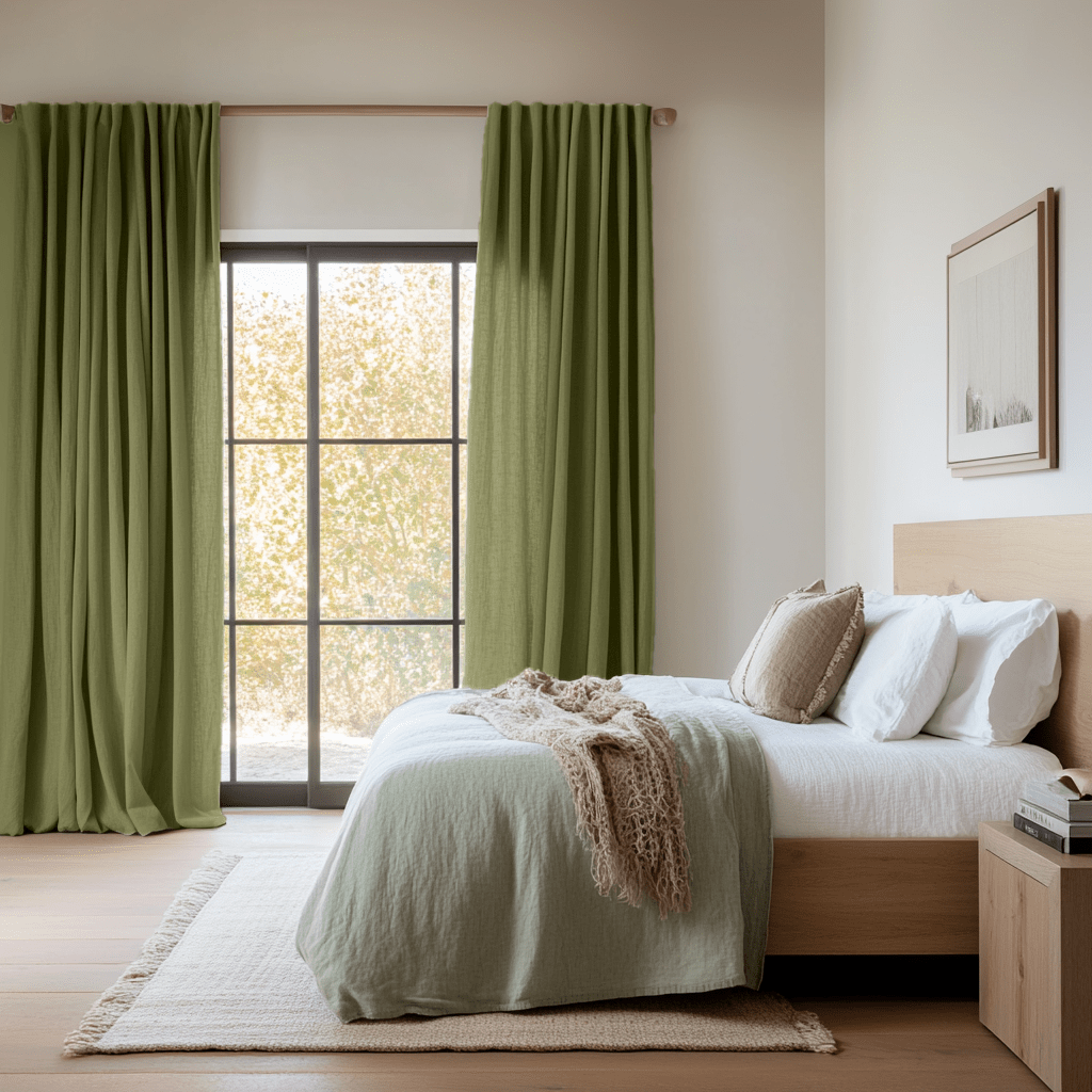 Moss Earthy Green Bedroom Curtains - 100% European Linen - Back Tab ...