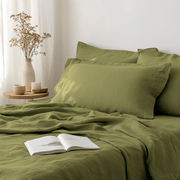 Moss Green Linen Flat Sheet - Close Up Photo