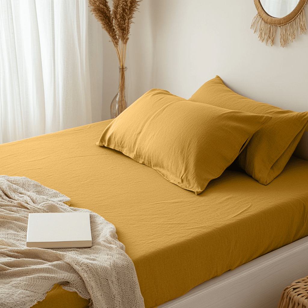 Mustard Yellow Washed Linen Deep Pocket Fitted Sheet