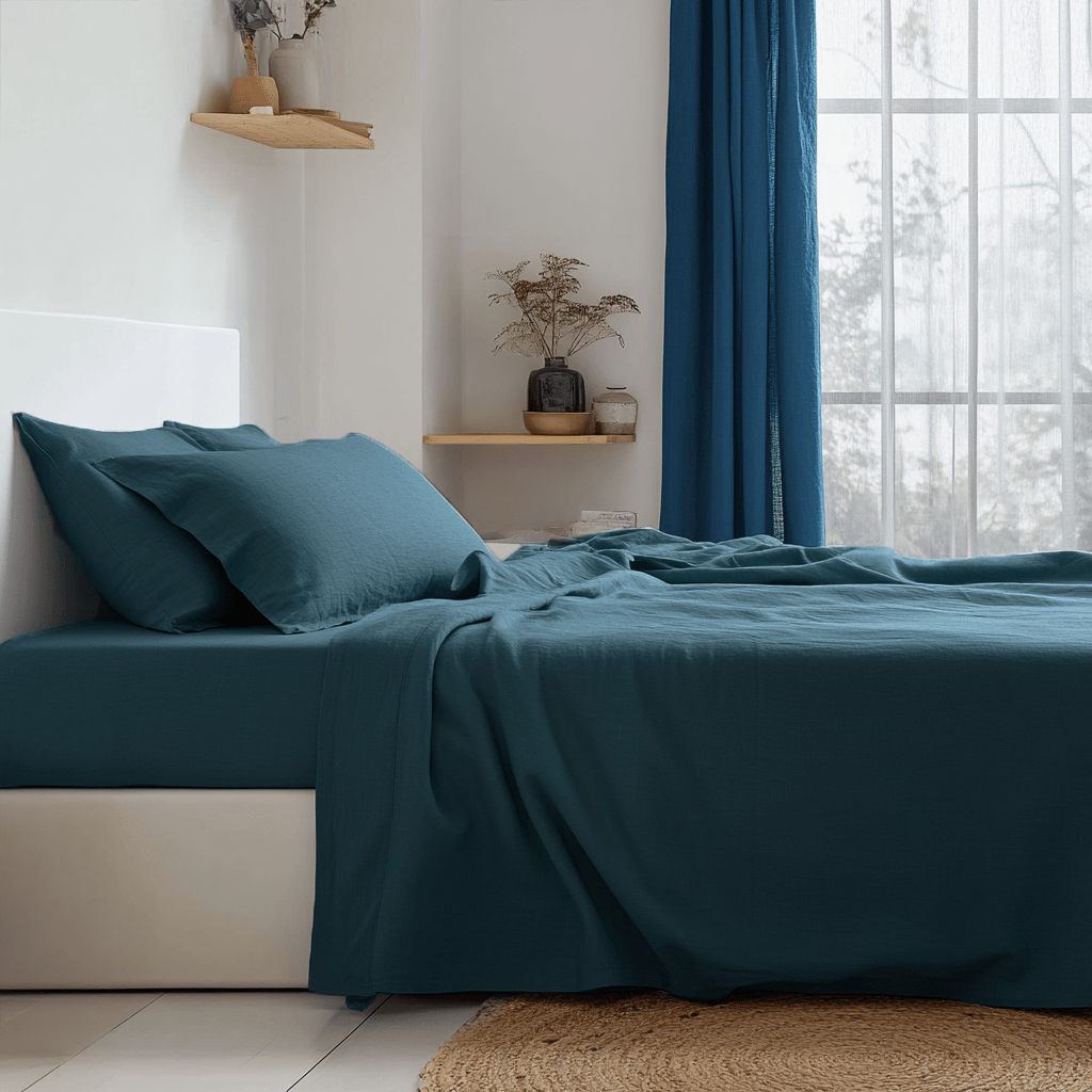 Peacock Blue Linen Fitted Sheet On The Bed