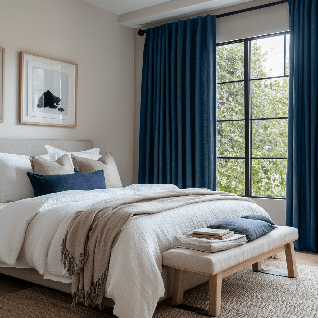 Peacock Dark Blue Bedroom Curtains - 100% European Linen - Back Tab ...