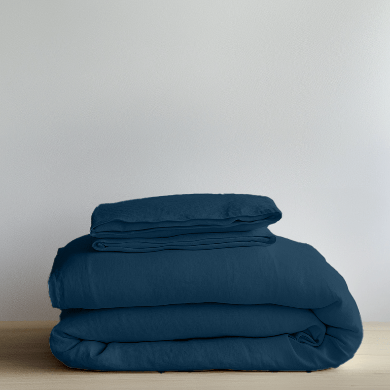 Peacock Dark Blue Linen Duvet Cover Set - Folded