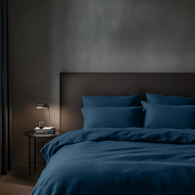 Peacock Dark Blue Linen Duvet Cover Set With Grey Walls