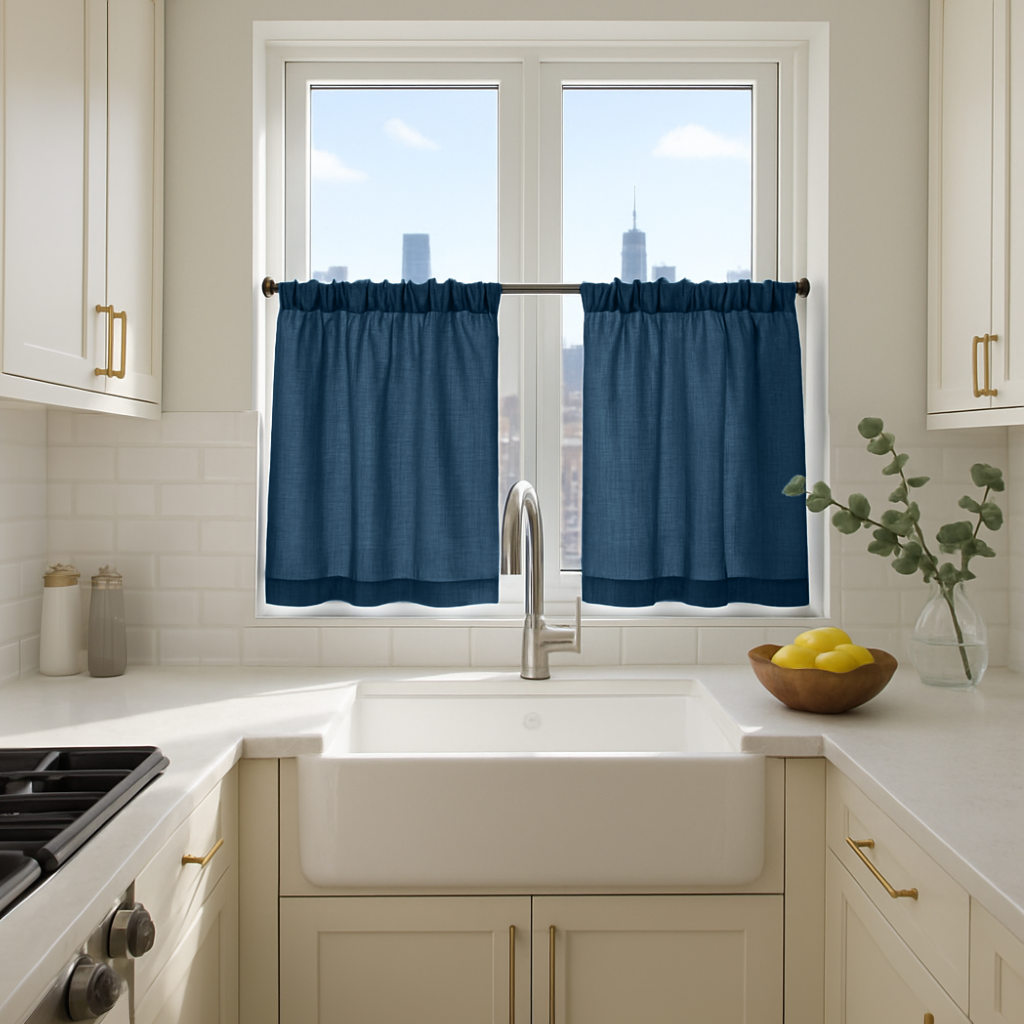 Peacock Blue Linen Kitchen Curtains