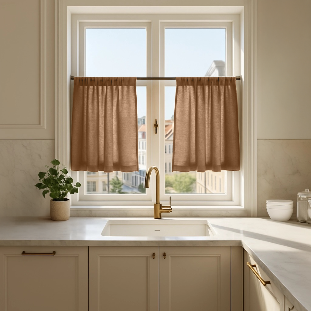 Tawny Brown Linen Kitchen Curtains