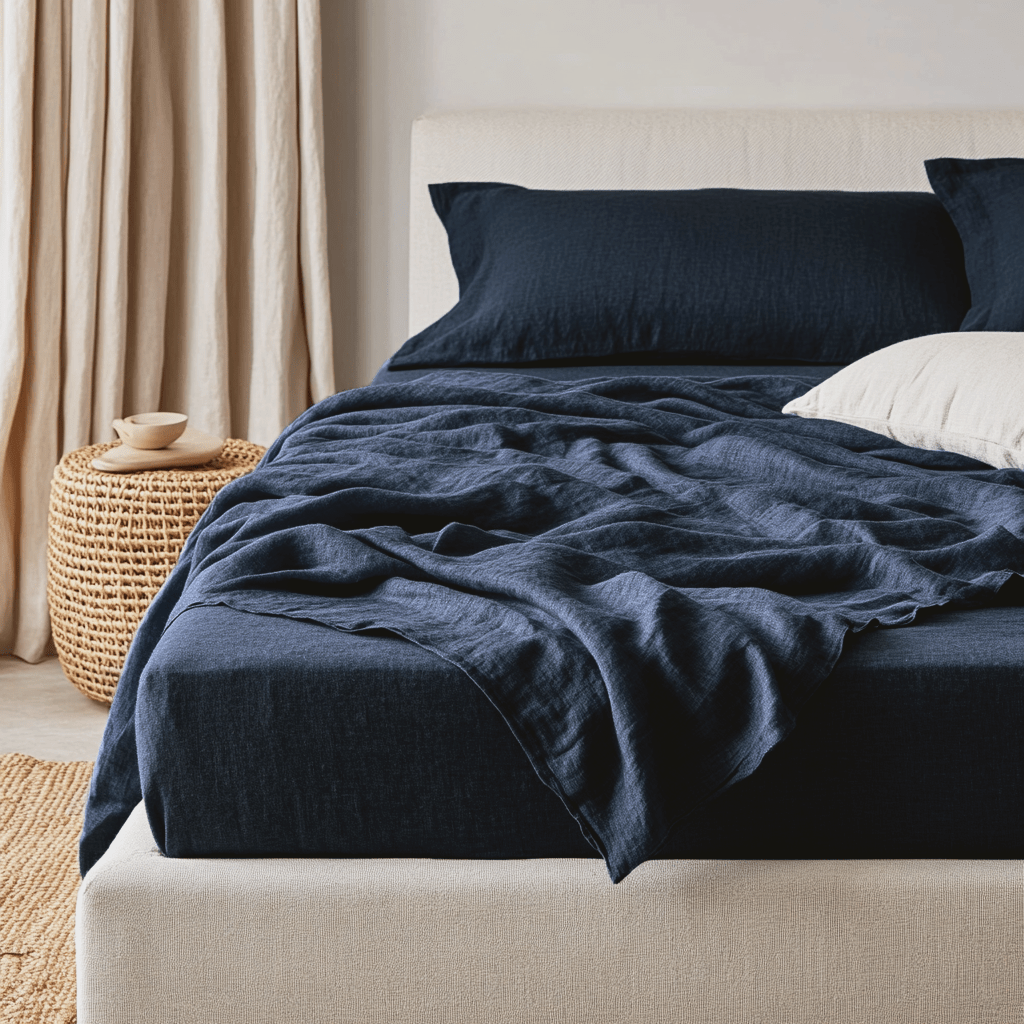 Royal Blue Washed Linen Deep Pocket Fitted Sheet