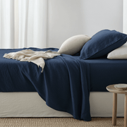 Royal Blue Washed Linen Deep Pocket Fitted Sheet