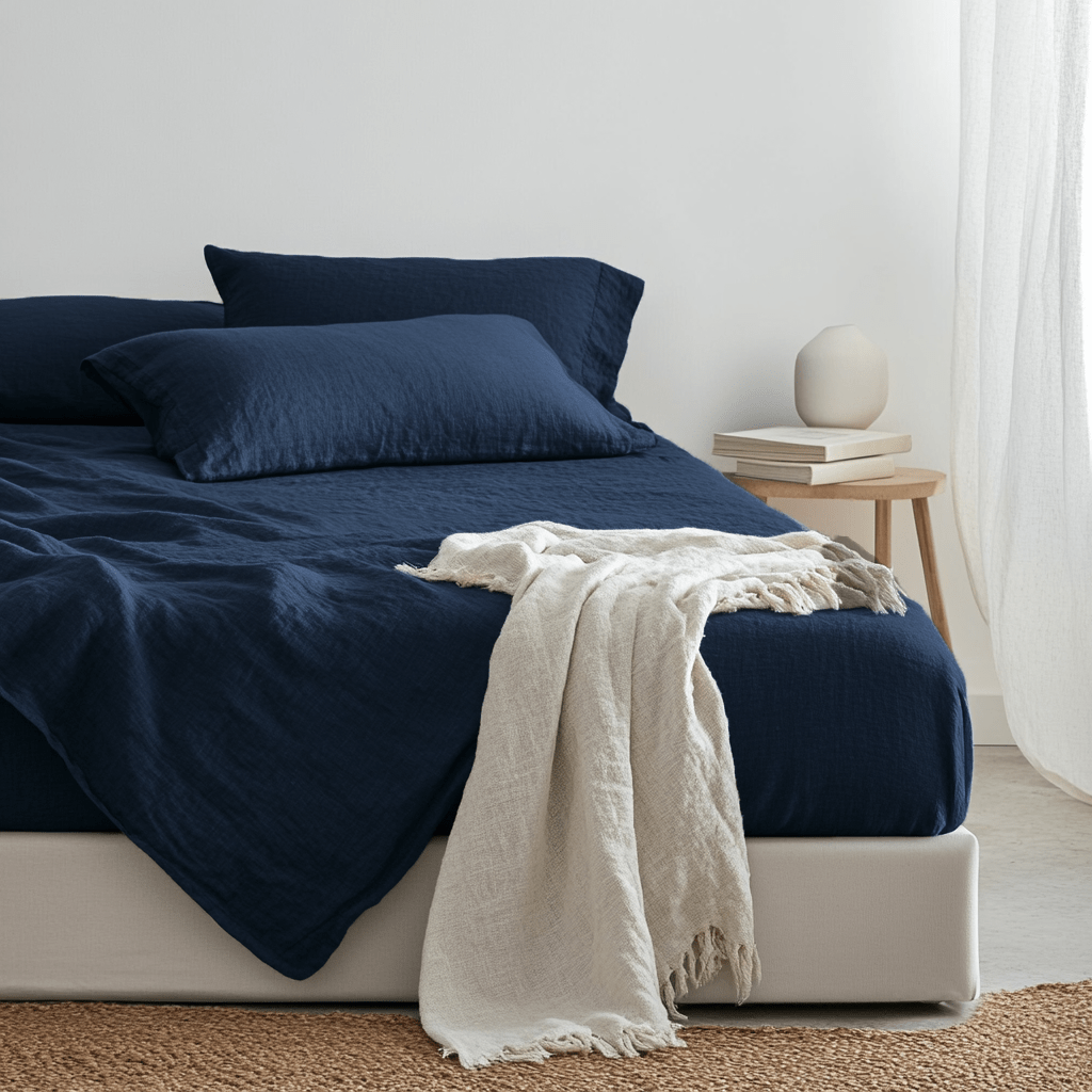 Royal Blue Washed Linen Deep Pocket Fitted Sheet