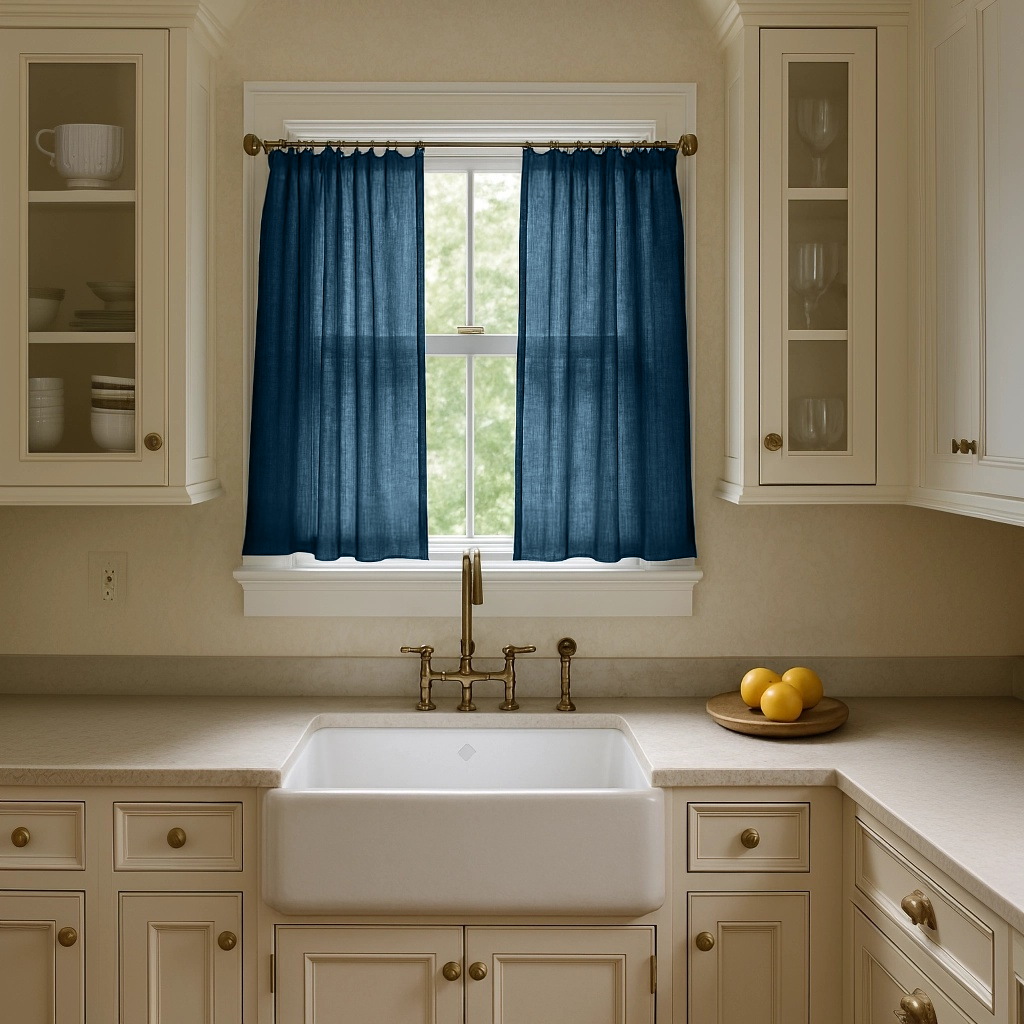 Peacock Blue Linen Kitchen Curtains