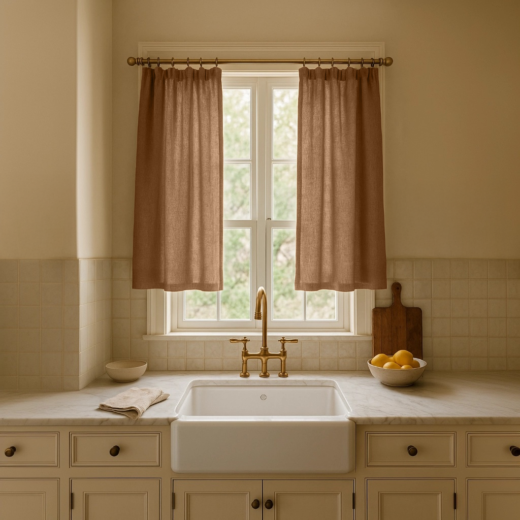 Tawny Brown Linen Kitchen Curtains