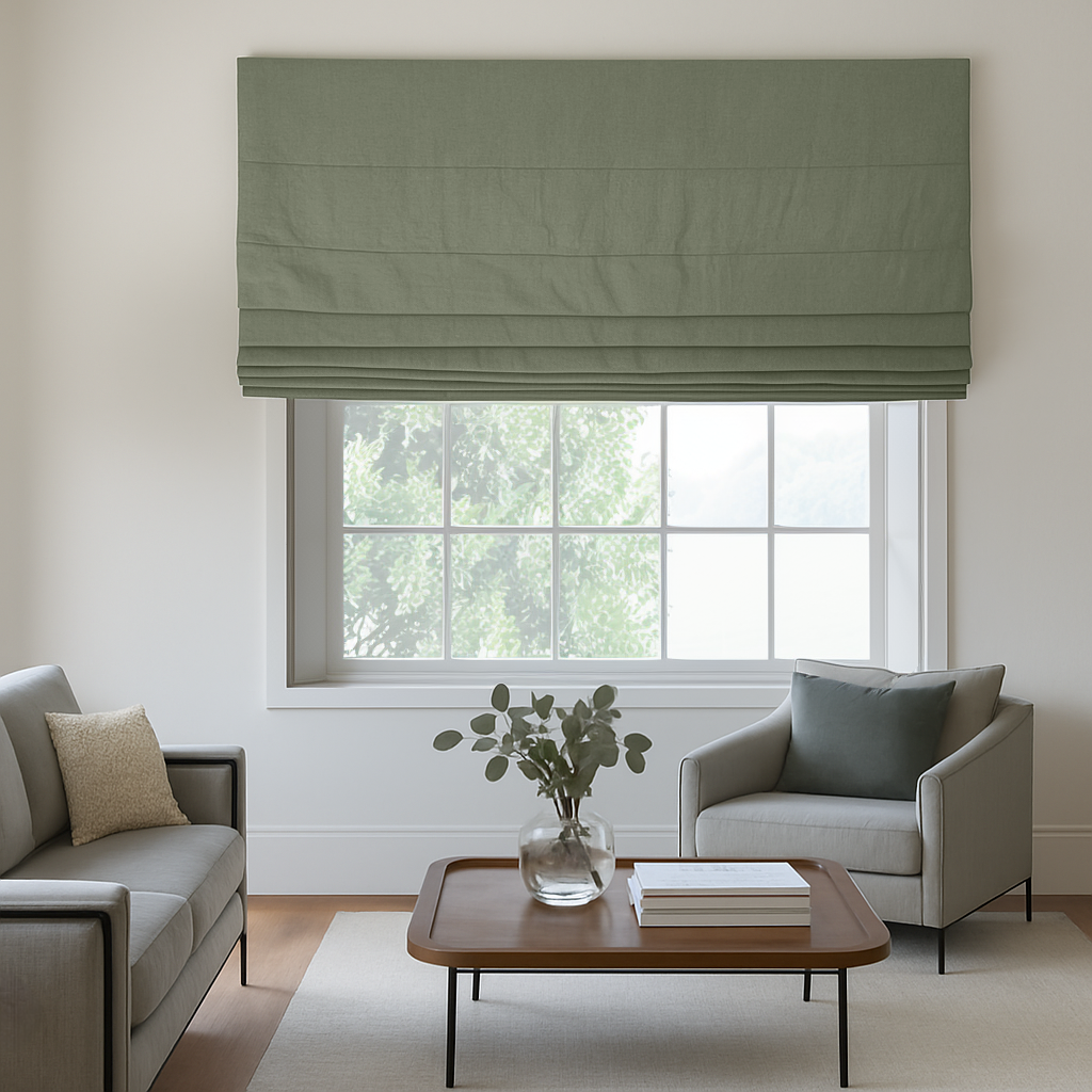 Outside Mount Sage Green Linen Blackout Roman Shades