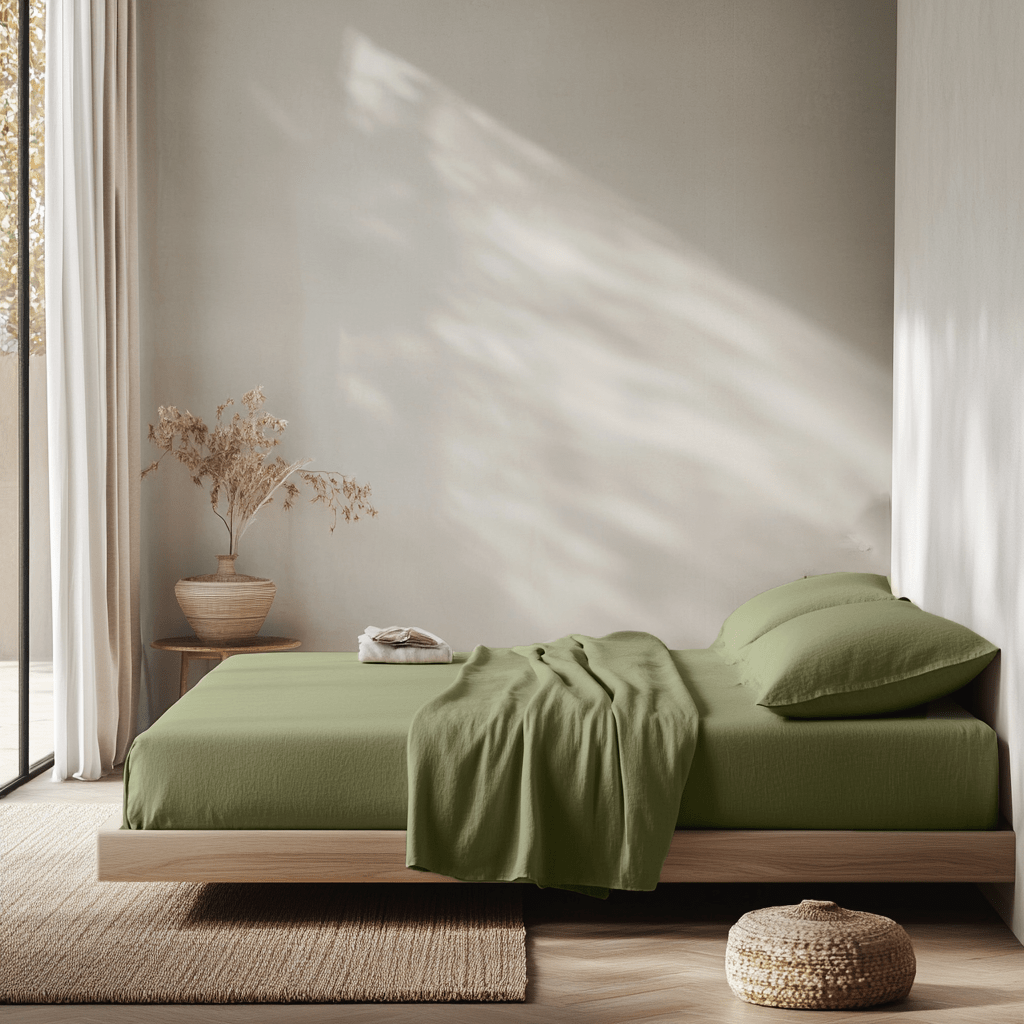 Sage Green Washed Linen Deep Pocket Fitted Sheet
