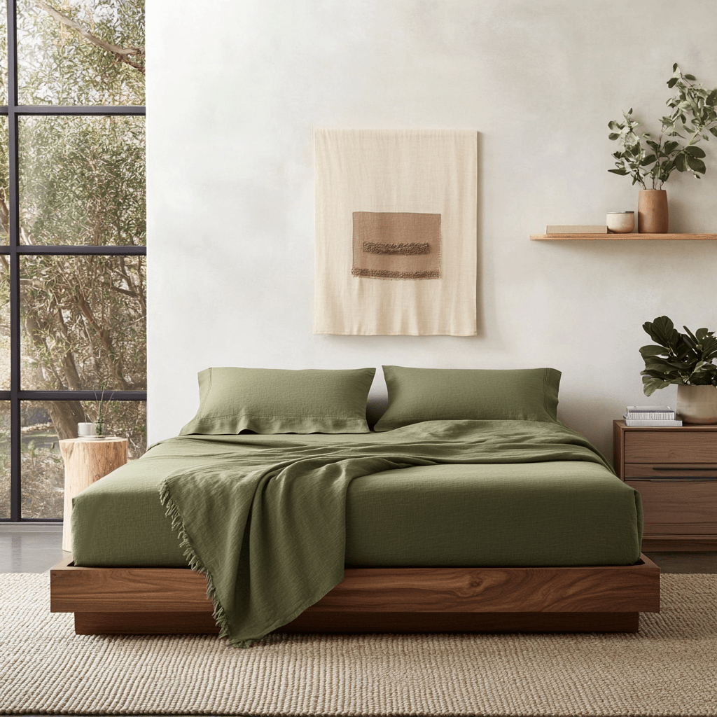 Sage Green Washed Linen Deep Pocket Fitted Sheet