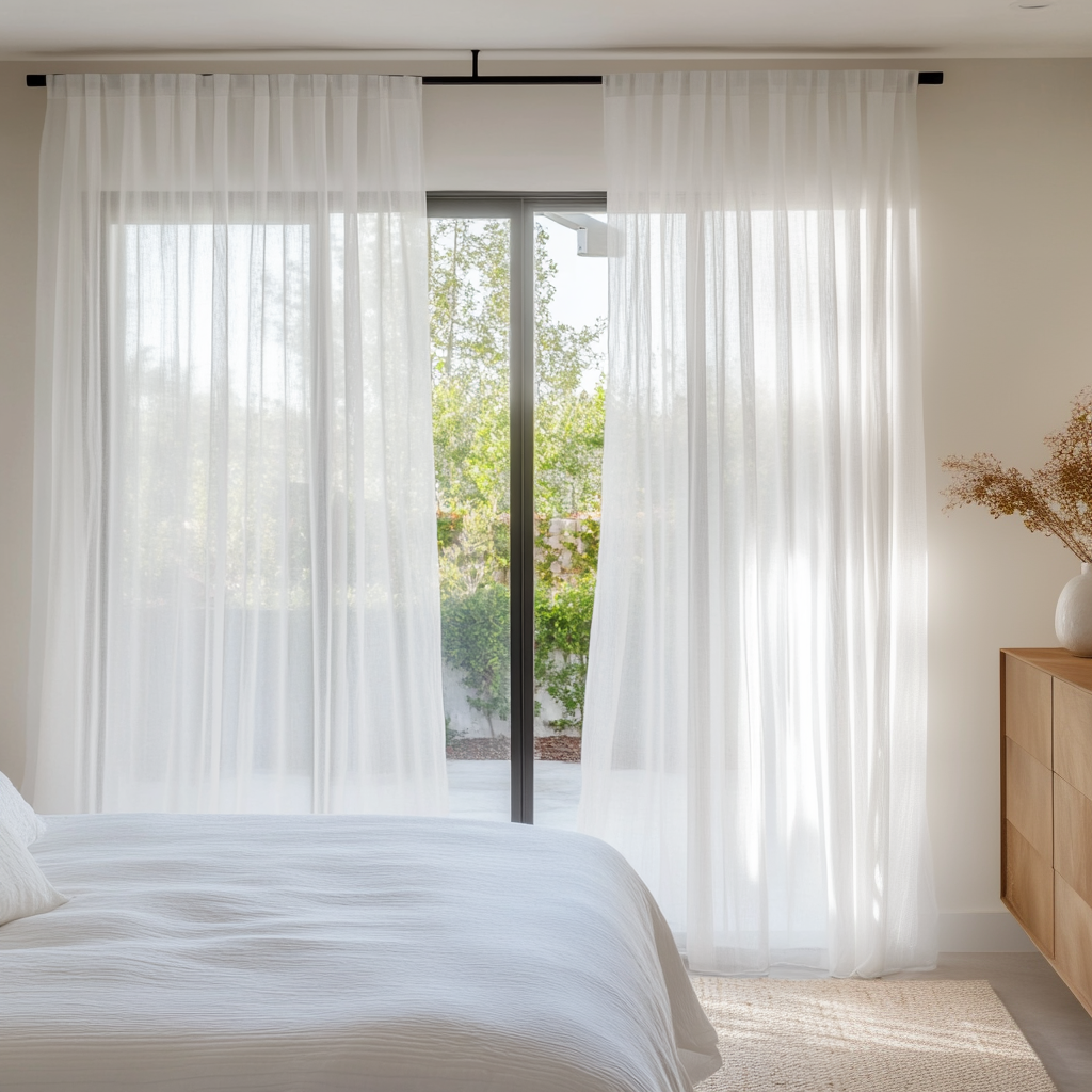 Sheer Bedroom Curtains - 100% Natural Linen - White, Ivory or Beige Curtain with Back Tabs 54\, image size:1024x1024