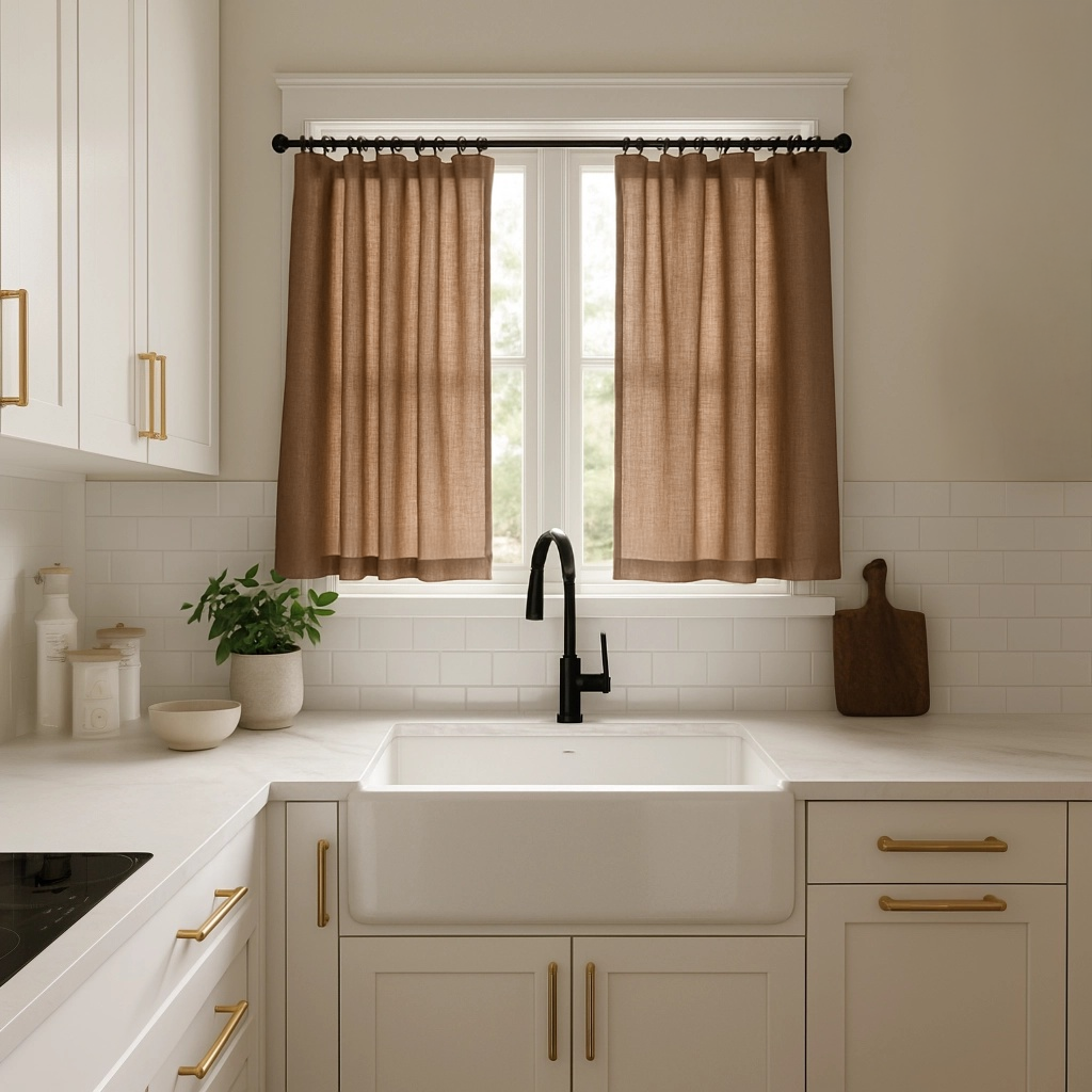 Tawny Brown Linen Kitchen Curtains