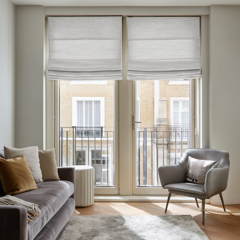 White Blackout Roman Shades for French Doors