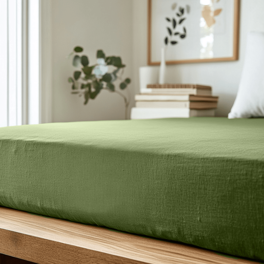 Forest Green Linen Fitted Sheet Close-Up Photo