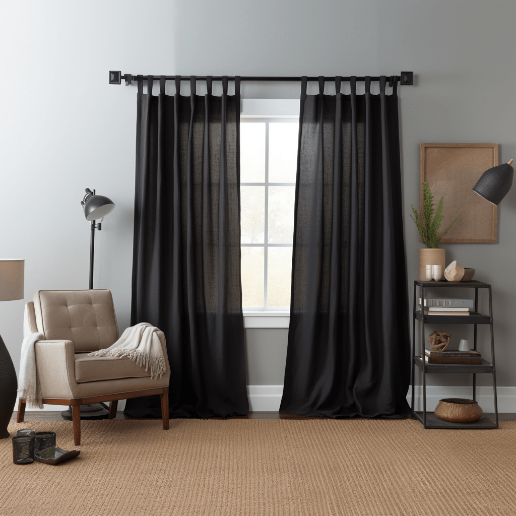 Black Linen Tab Top Curtain Panel - Custom Width, Custom Length