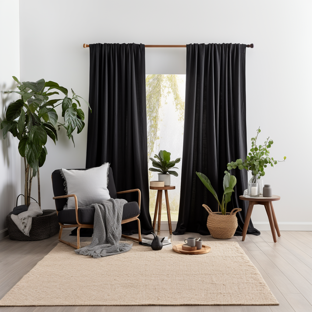 Black Linen Rod Pocket Curtain with Blackout Lining - Custom Sizes And Colors