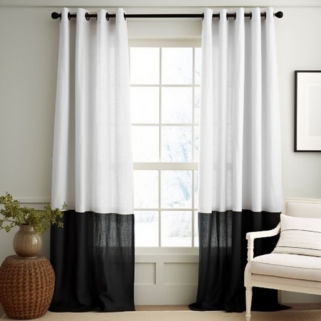 Black and White Color Block Grommets Linen Curtain Panel - Custom Width and Length