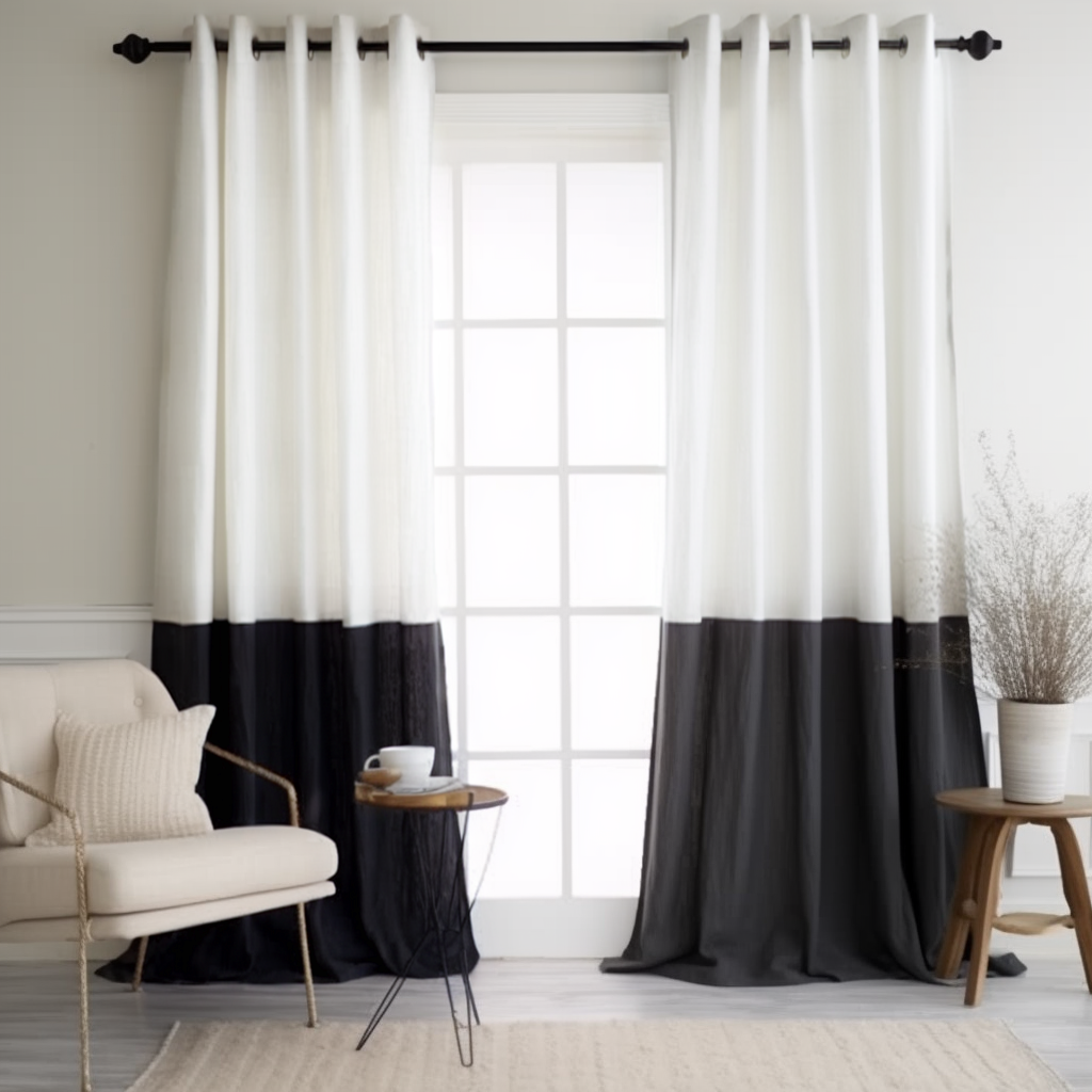 Black and White Color Block Grommets Linen Curtain Panel with Cotton Lining - Custom Width and Length