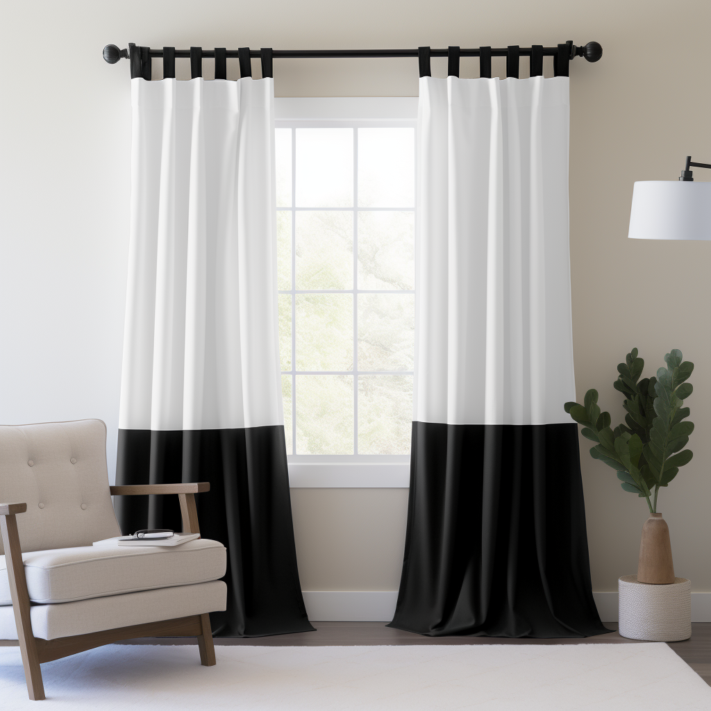 Black and White Color Block Tab Top Linen Curtain Panel with Cotton Lining - Cusom Width and Length