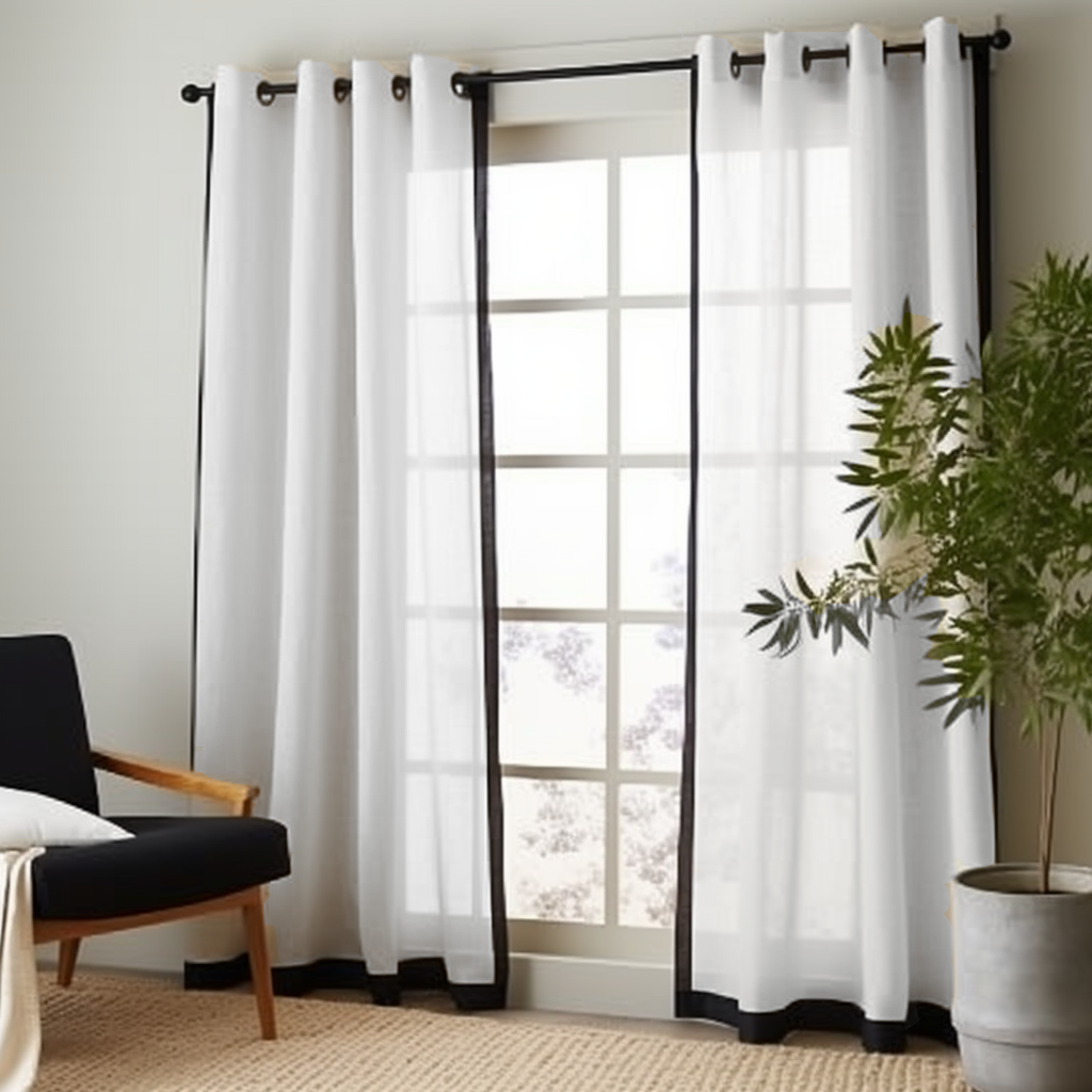 White Curtain with Black Border - Grommet Linen Curtain Panel - Custom Width and Length