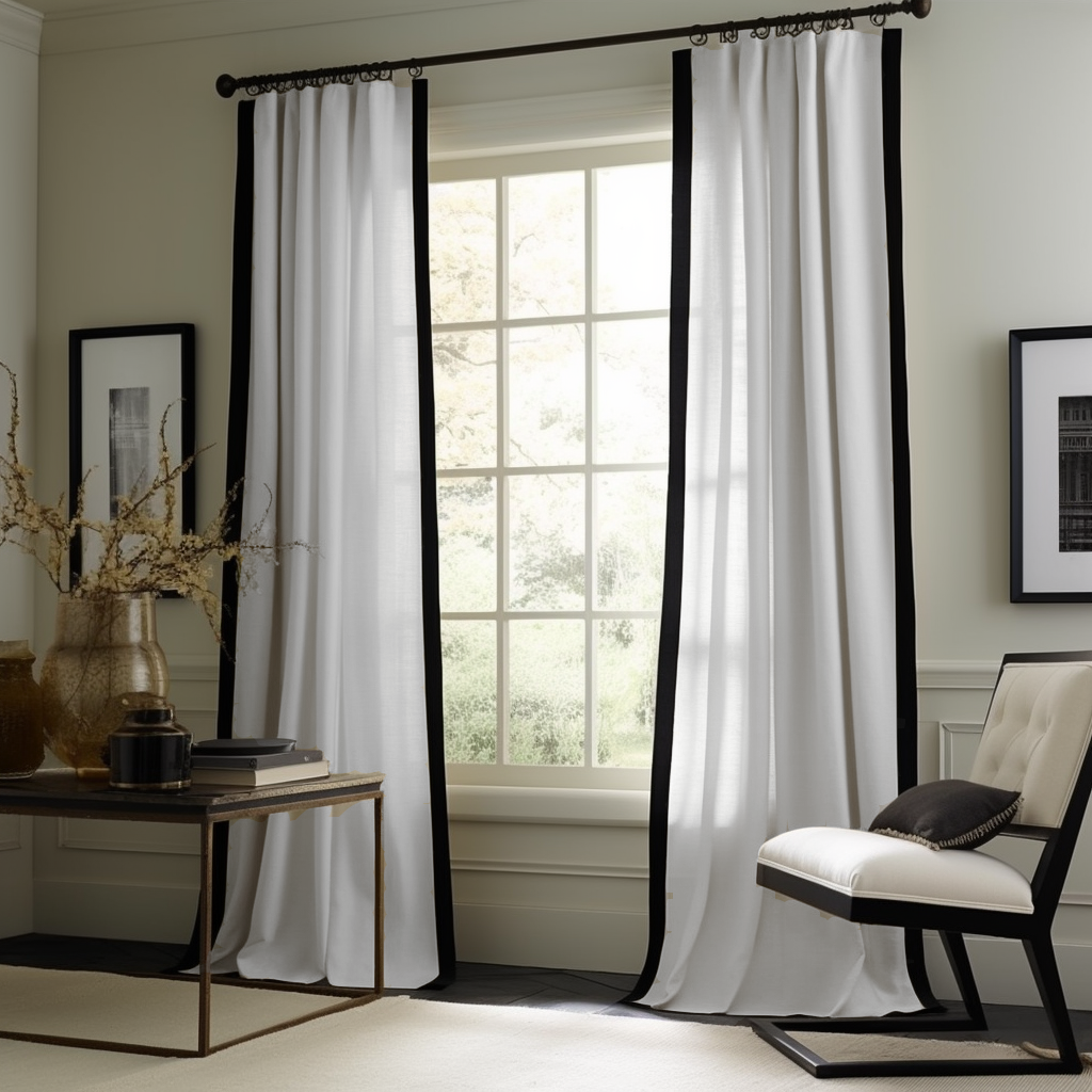 Black and White Frame Border S-Fold Linen Curtain Panel - Custom Width and Length