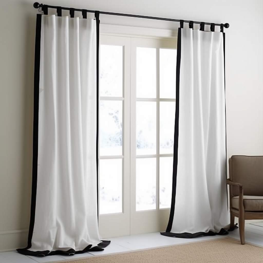 Black and White Frame Border Tab Top Linen Curtain Panel with Cotton Lining - Custom Width and Length