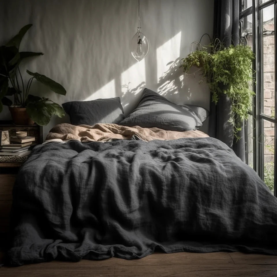 Charcoal Grey Linen Fabric Bedding Example