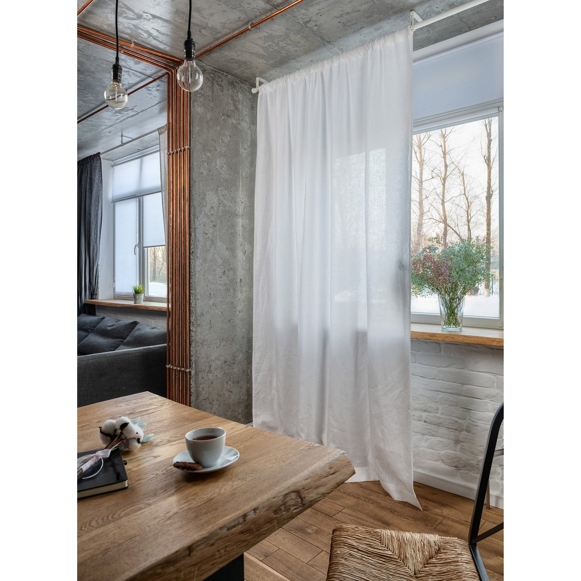 Linen Curtain Panel, Color:White