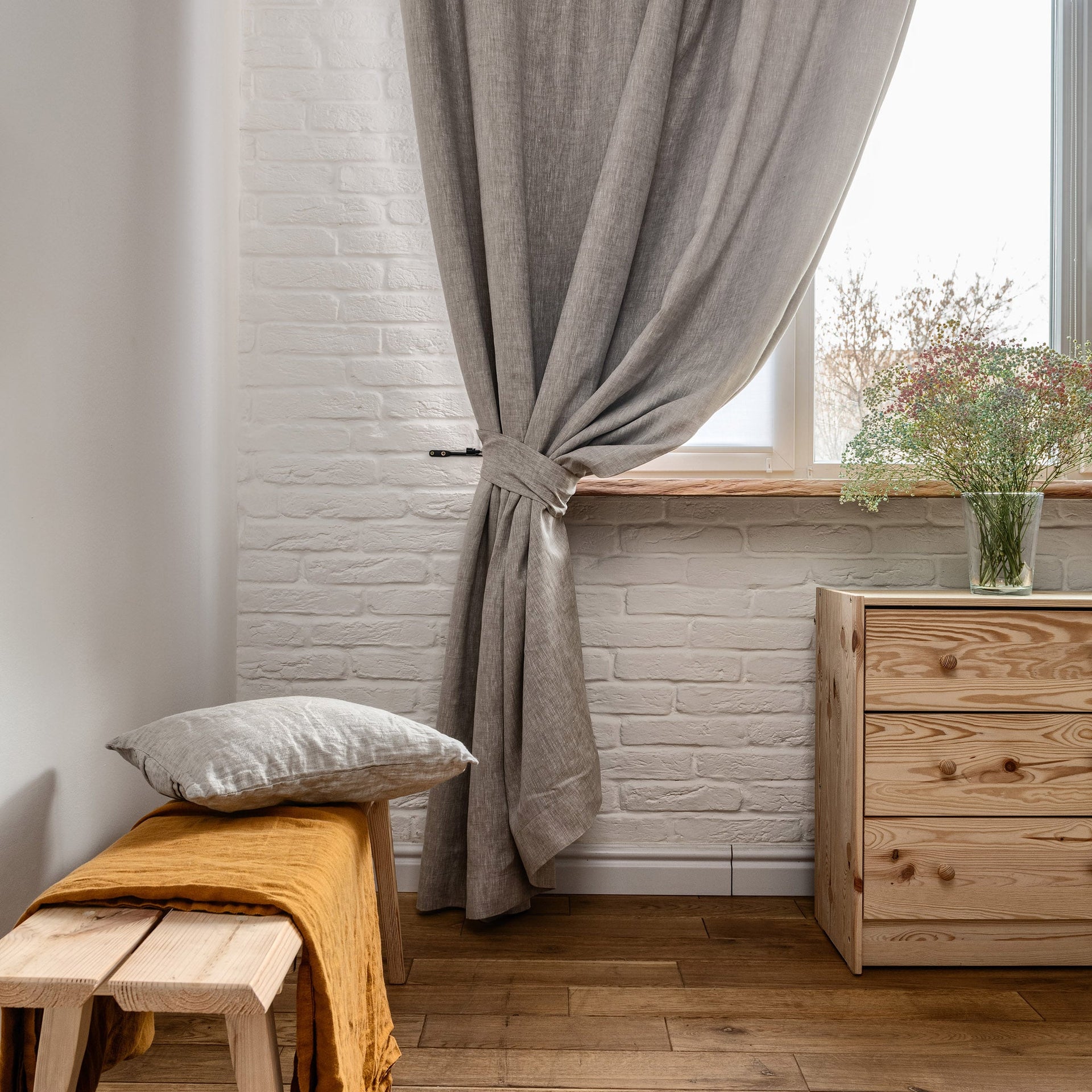 Linen Blackout Curtains with tie back, Color: Natural