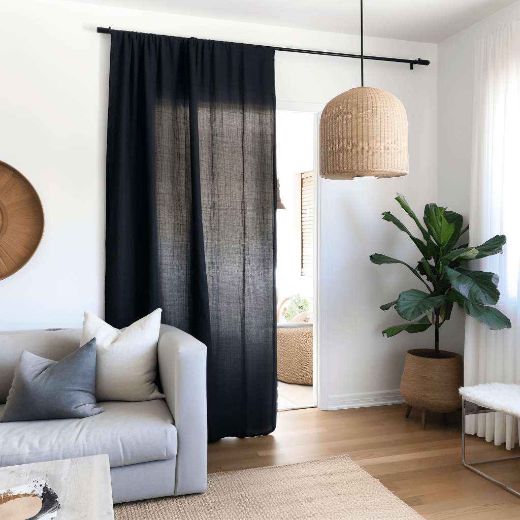 Door Linen Curtains - Unlined or With Lining - Custom Width and Length, Color: Black