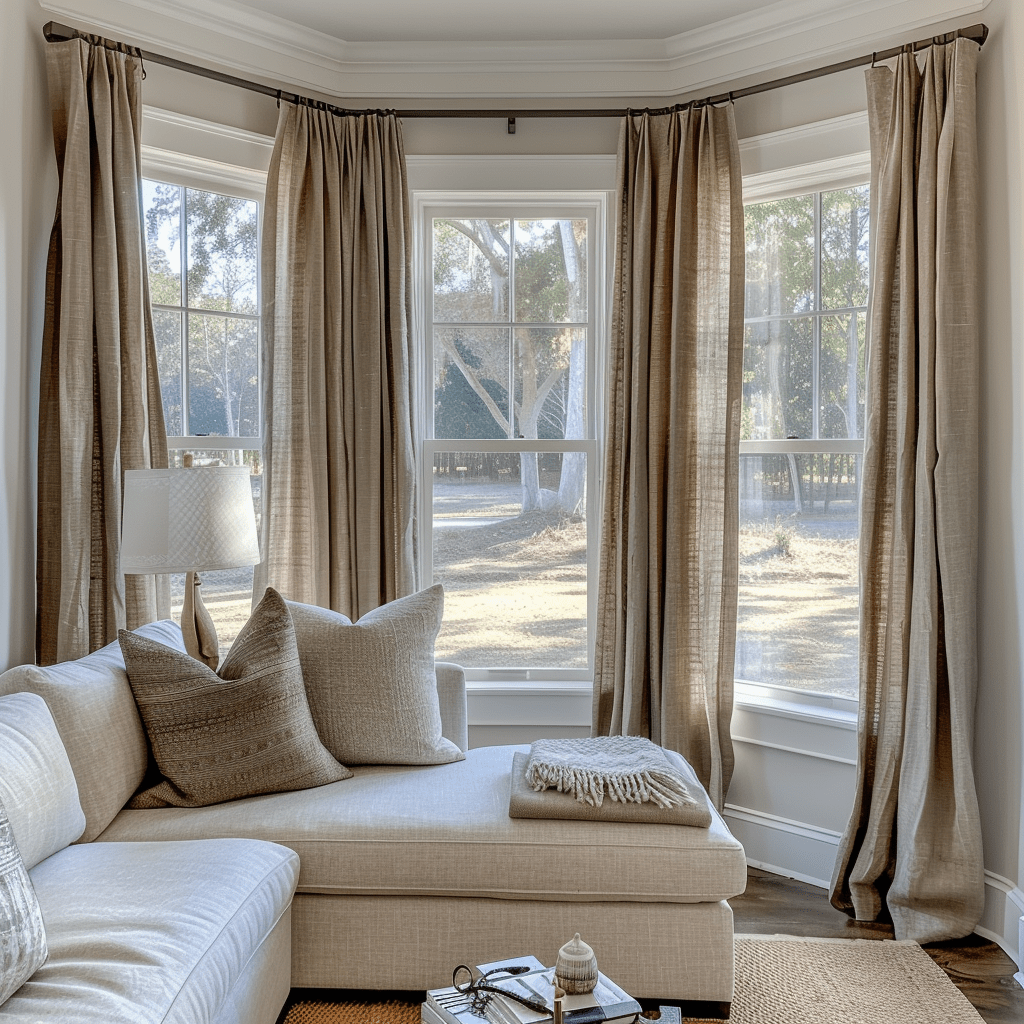 Euro Pleat Linen Bay Window Curtain Panel - Heading for Rings and Hooks