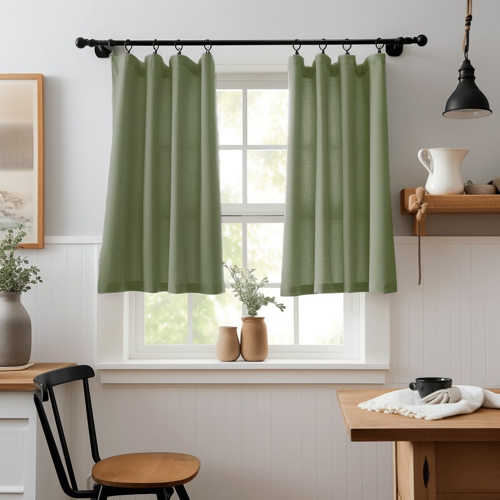 Green Linen Kitchen Cafe Curtains - Heading for Rings and Hooks ...