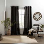 Grommet Top Black Linen Curtain Panel - Eyelet Window Treatments - Natural 100% Linen Drapery