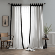 Black and White Frame Border Tab Top Linen Curtain Panel - Custom Width and Length