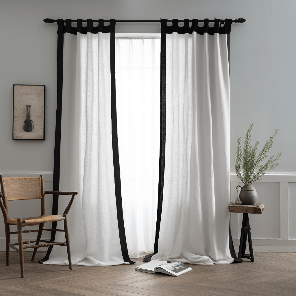 Black and White Frame Border Tab Top Linen Curtain Panel - Custom Width and Length