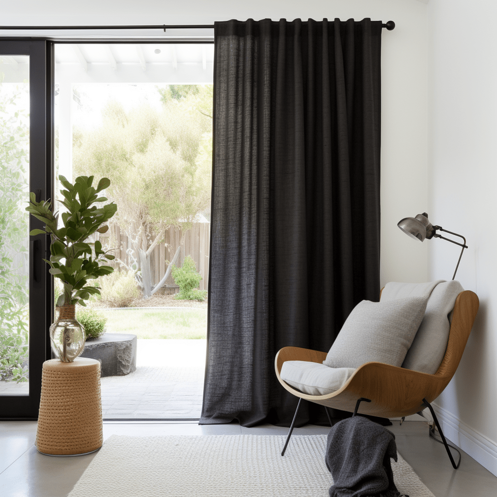 Sliding Door Linen Curtain With Back Tabs - Unlined or With Lining - Custom Width and Length, Color: Black