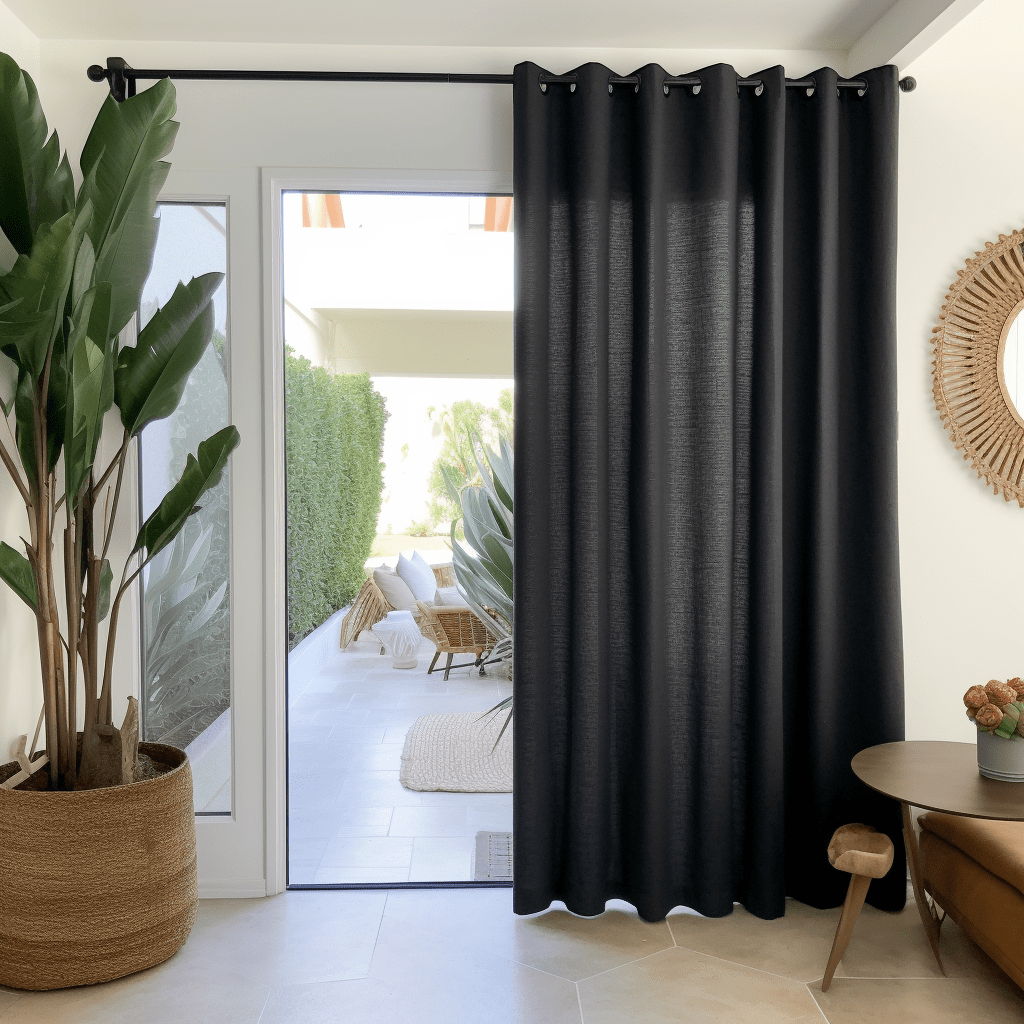 Sliding Door Linen Grommet Curtain Panel - Custom Width and Length, Color: Black