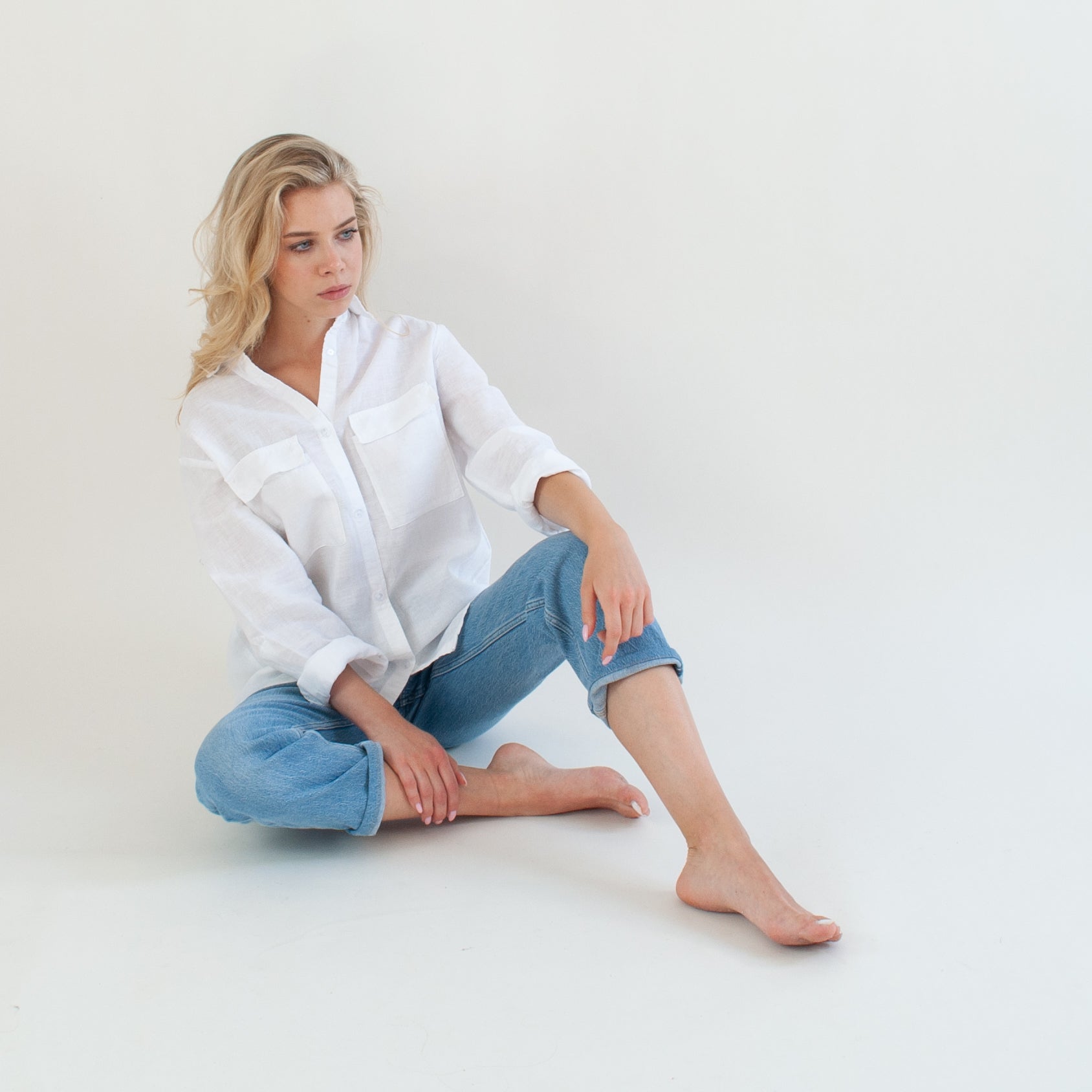 Women's White Linen Shirt - Casual Button Down Shirt with Two Pockets S Women's White Linen Shirt - Casual Button Down Shirt with Two Pockets S